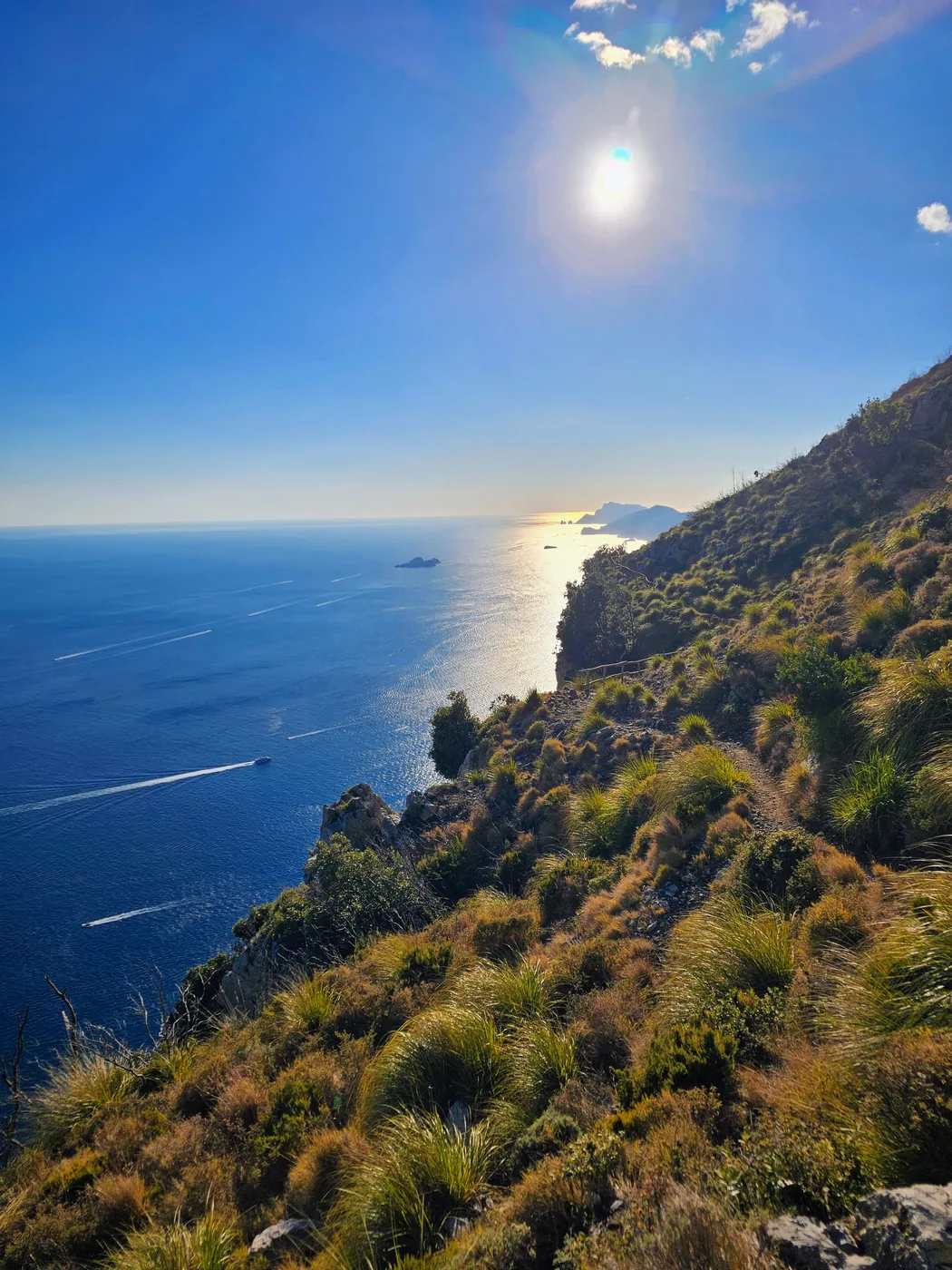Il mare che luccica sotto il sole, visto da un pendio d'erba e di macchia sopra la costiera amalfitana